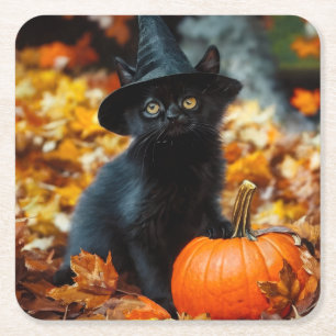 Halloween Black Cat and Pumpkin Square Paper Coaster