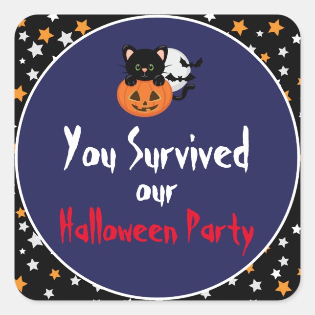 Halloween Black Cat and Pumpkin with Stars Square Sticker (Front)
