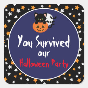 Halloween Black Cat and Pumpkin with Stars Square Sticker