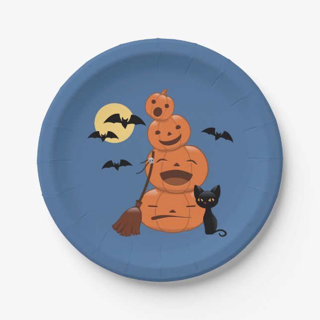 Halloween Black Cat and Pumpkins Blue Paper Plate (Front)