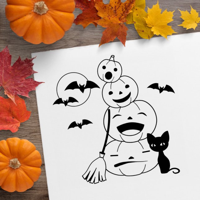 Halloween Black Cat and Pumpkins Colour Me Rubber Stamp (Creator Uploaded)