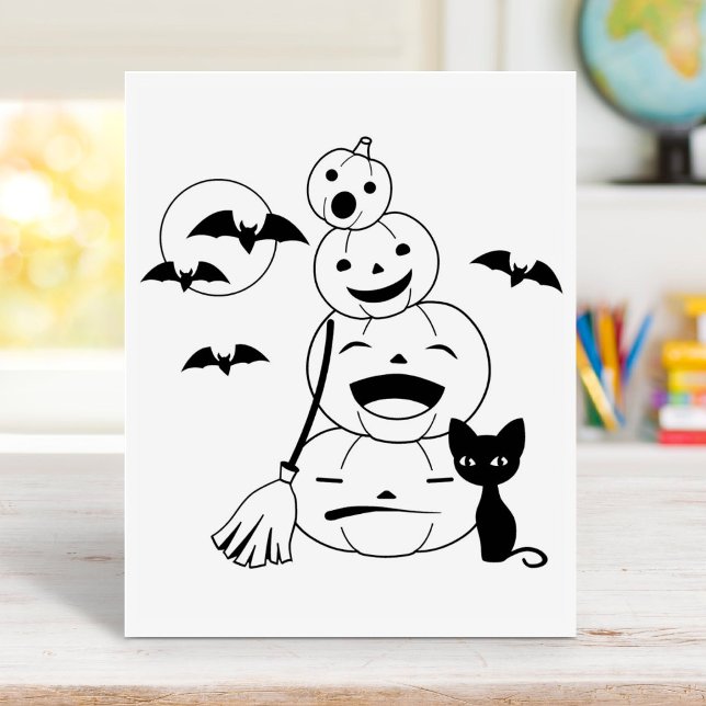 Halloween Black Cat and Pumpkins Colouring Page Rubber Stamp (Creator Uploaded)