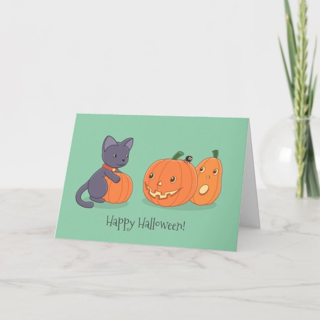 Halloween Black Cat and Pumpkins on Green Card (Front)