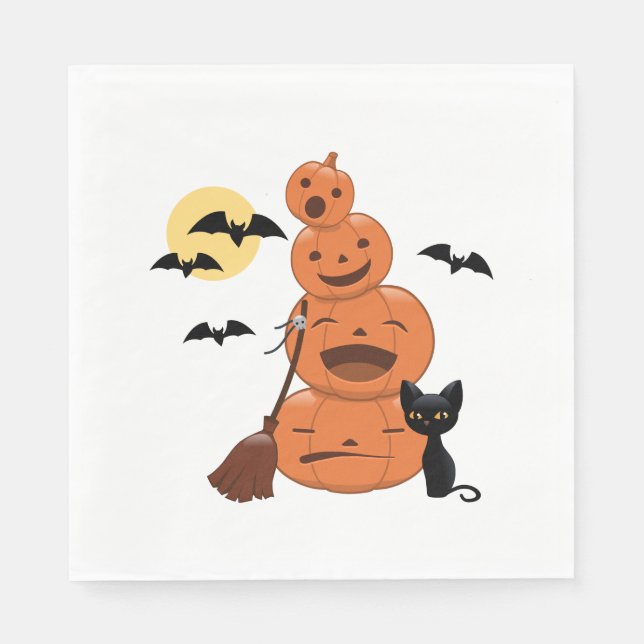 Halloween Black Cat and Pumpkins on White Napkin (Front)