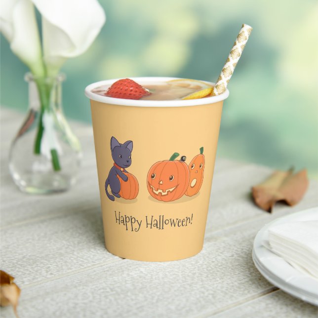 Halloween Black Cat and Pumpkins on Yellow Paper Cups (Insitu)