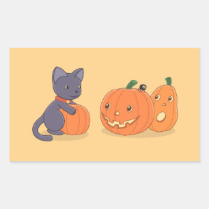 Halloween Black Cat and Pumpkins on Yellow Rectangular Sticker