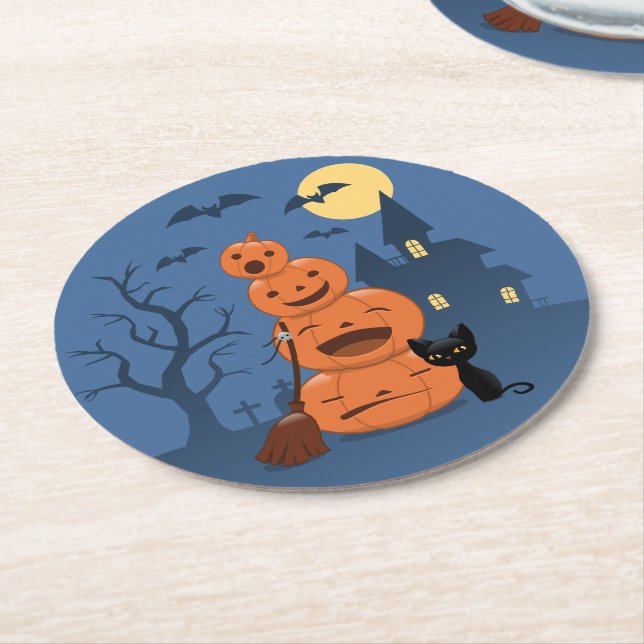 Halloween Black Cat and Pumpkins Round Paper Coaster (Angled)