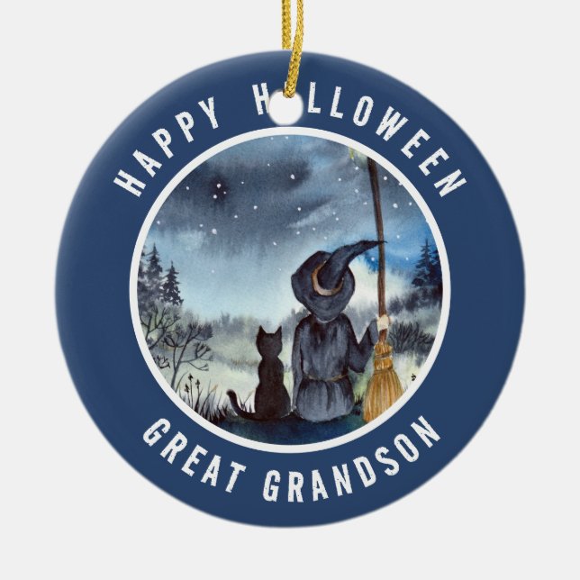 Halloween Black Cat and The Witch Starry Night Ceramic Ornament (Front)