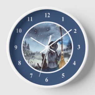 Halloween Black Cat and The Witch Starry Night Clock