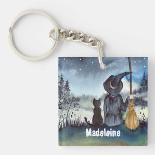 Halloween Black Cat and The Witch Starry Night Key Ring