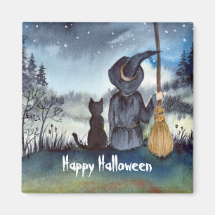 Halloween Black Cat and The Witch Starry Night Magnet