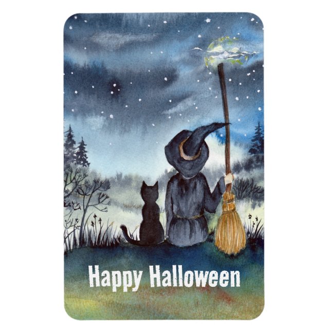 Halloween Black Cat and The Witch Starry Night Magnet (Vertical)