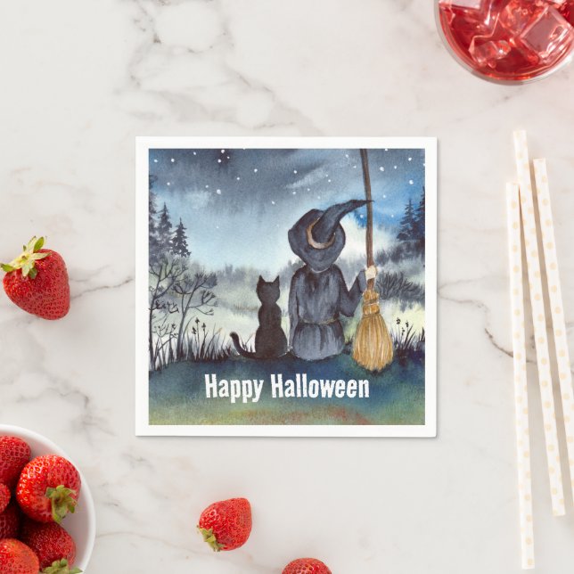 Halloween Black Cat and The Witch Starry Night Napkin (Insitu)