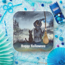 Halloween Black Cat and The Witch Starry Night