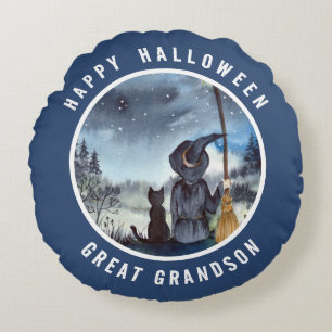Halloween Black Cat and The Witch Starry Night Round Cushion