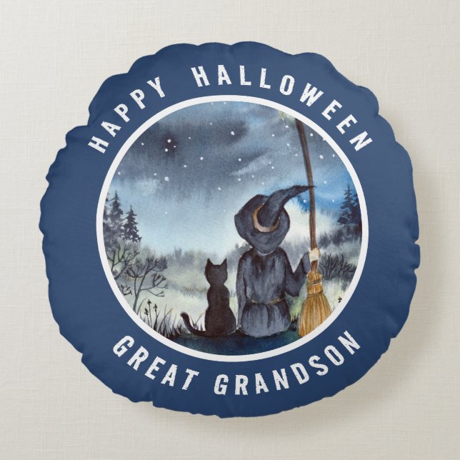 Halloween Black Cat and The Witch Starry Night Round Cushion (Front)