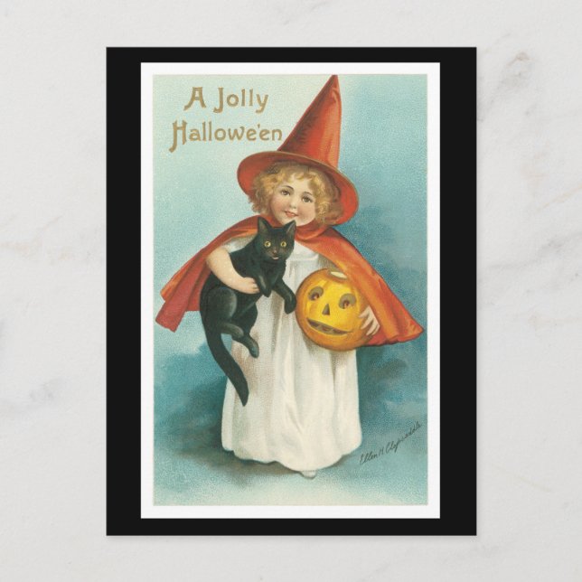 Halloween Black Cat and Witch Girl Postcard (Front)