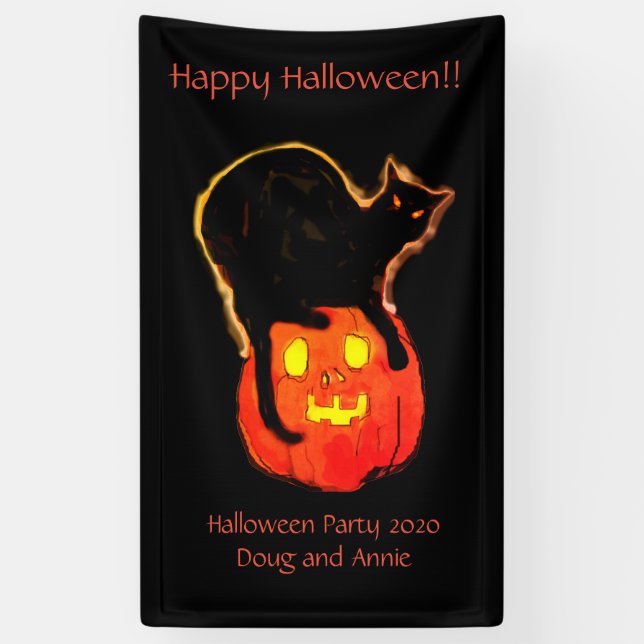 Halloween Black Cat Atop Glowing Pumpkin Banner (Vertical)