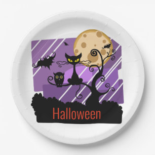 Halloween Black Cat, Bat, Owl, Moon and Tree Paper Plate