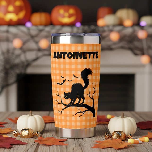 Halloween Black Cat & Bats Orange Plaid Name Insulated Tumbler (Creator Uploaded)