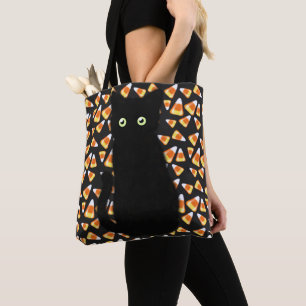 Halloween black cat candy corn tote bag