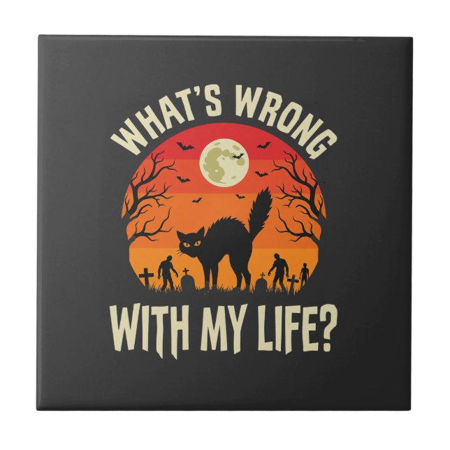 Halloween Black Cat Cemetery Horror Graphic Ceramic Tile (Front)