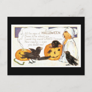 Halloween Black Cat, Child and Crow Postcard