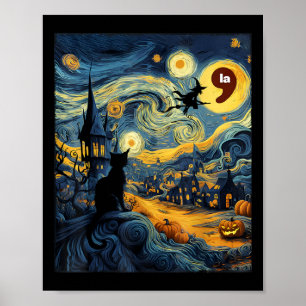 Halloween Black Cat Comma La Starry Night Art Kama Poster
