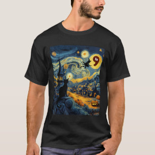 Halloween Black Cat Comma La Starry Night Art Kama T-Shirt