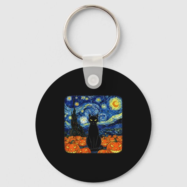 Halloween Black Cat Costume Van Gogh Starry Night  Key Ring (Front)