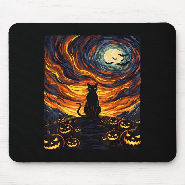 Halloween Black Cat Costume Van Gogh Starry Night  Mouse Pad (Front)
