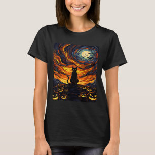 Halloween Black Cat Costume Van Gogh Starry Night  T-Shirt
