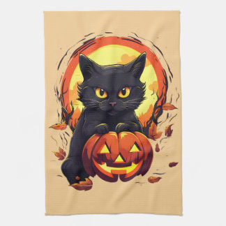 Halloween Black Cat, Fall Leaves, Tea Towel
