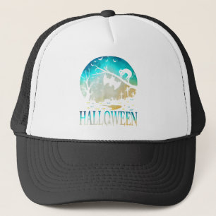 Halloween Black Cat Full Moon and Bats Trucker Hat