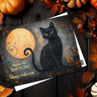 Halloween Black Cat Full Moon Ornate Postcard