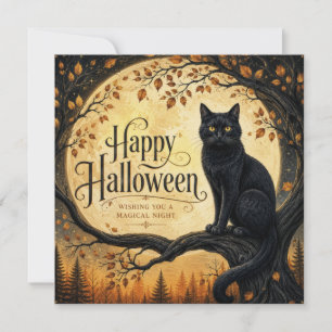 Halloween Black Cat Full Moon Tree Card