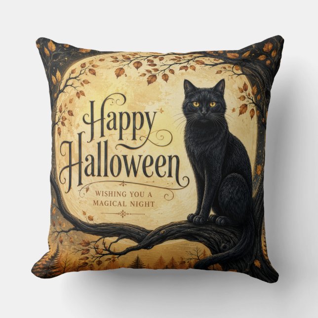 Halloween Black Cat Full Moon Tree Cushion (Front)