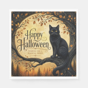 Halloween Black Cat Full Moon Tree Napkin