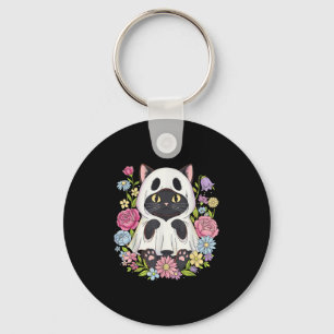 Halloween Black Cat Ghost Costume Flowers Key Ring