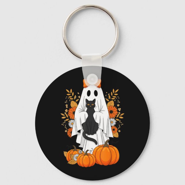Halloween Black Cat Ghost Pumpkin Cute Fall Key Ring (Front)