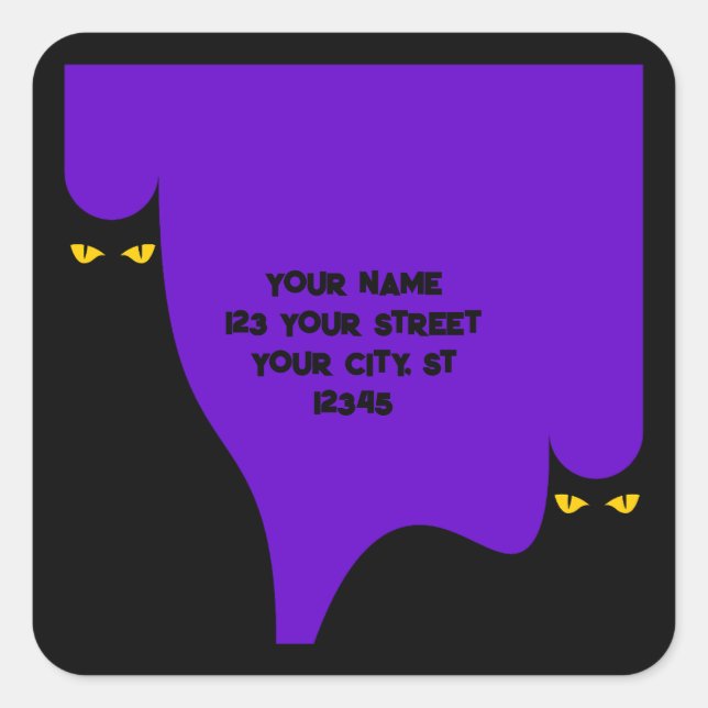 Halloween Black Cat Glowing Eyes Spooky Purple Square Sticker (Front)