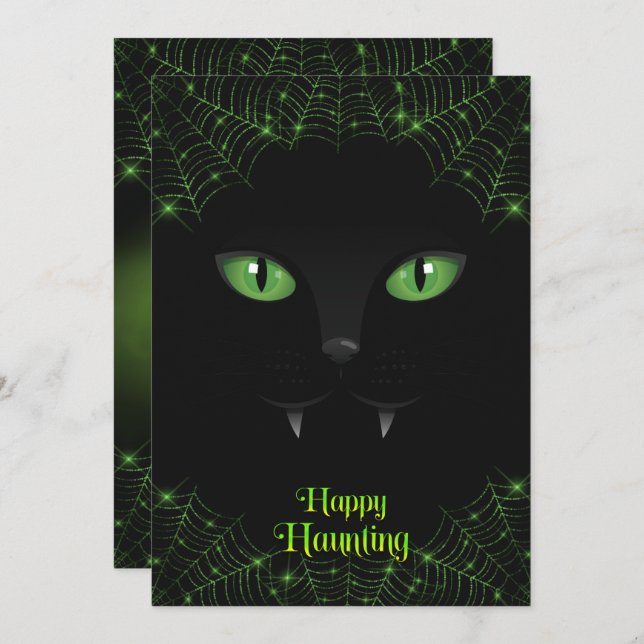 Halloween Black Cat Green Webs Holiday Card (Front/Back)