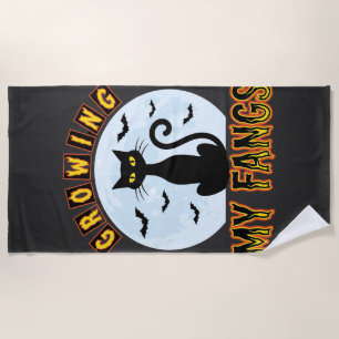 Halloween Black Cat Growing My Fangs Design Beach Towel