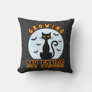 Halloween Black Cat Growing My Fangs Design Cushion