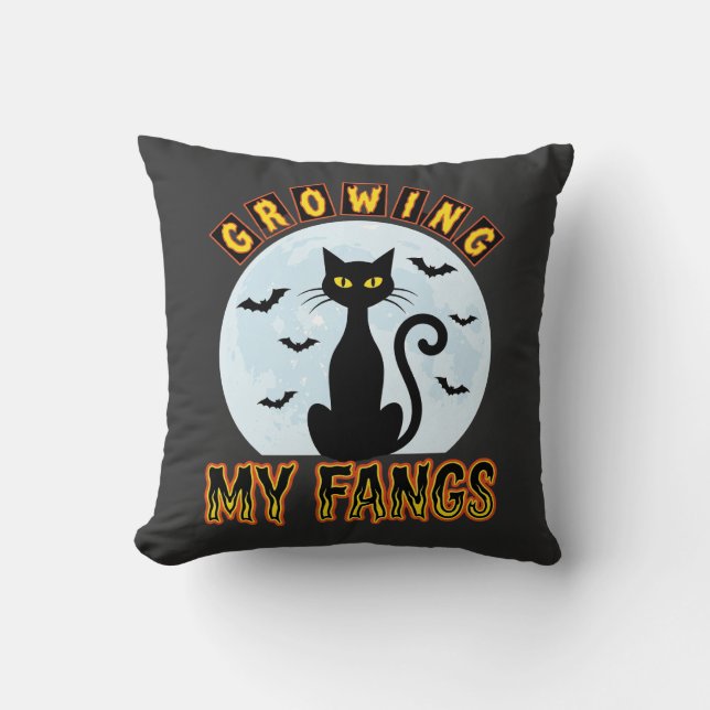 Halloween Black Cat Growing My Fangs Design Cushion (Front)