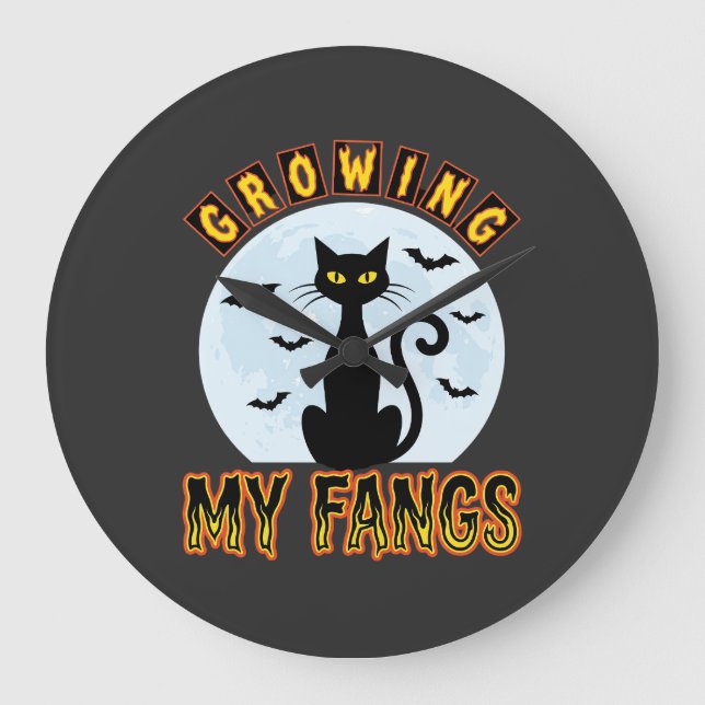 Halloween Black Cat Growing My Fangs Design Large Clock (Front)