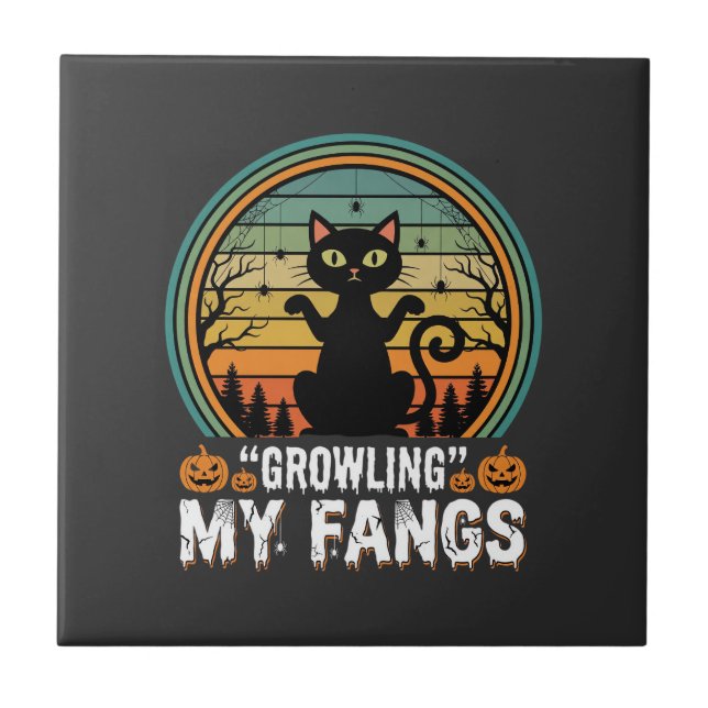 Halloween Black Cat Growling My Fangs Retro Design Ceramic Tile (Front)