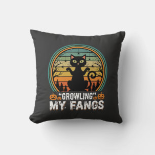Halloween Black Cat Growling My Fangs Retro Design Cushion
