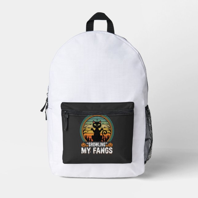 Halloween Black Cat Growling My Fangs Retro Design Printed Backpack (Front)