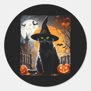 Halloween Black Cat Hat Spooky Cat And Pumpkin Classic Round Sticker
